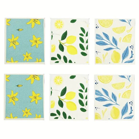 NEW Set of 6 Swedish Dishcloths - Lemons, Flower, Reusable & Sustainable - Picture 1 of 3
